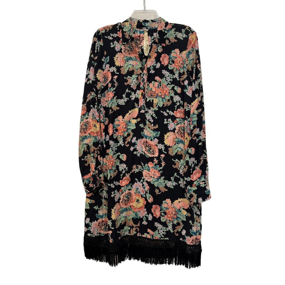 Uncle Frank‎ Black Floral Fringe Hem Shift Dress Long Sleeve Boho Tunic Small